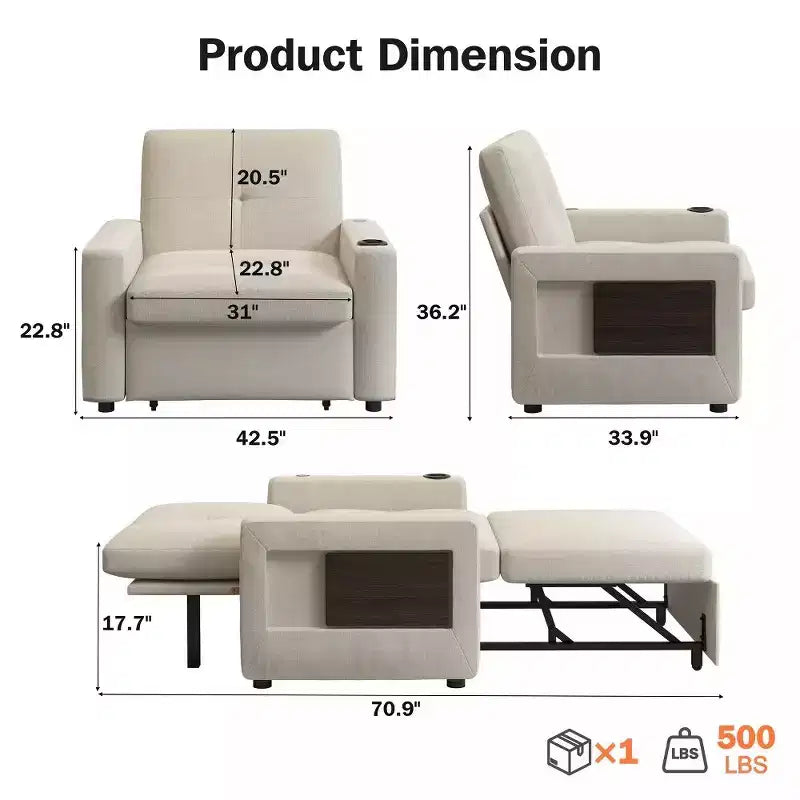 Dyonery 42.5 Sleeper Chair Bed with Pull Out Couch Bed, 3-in-1 Convertible Reclining Sofa Chair with Adjustable Backrest/USB Ports & Wing Table