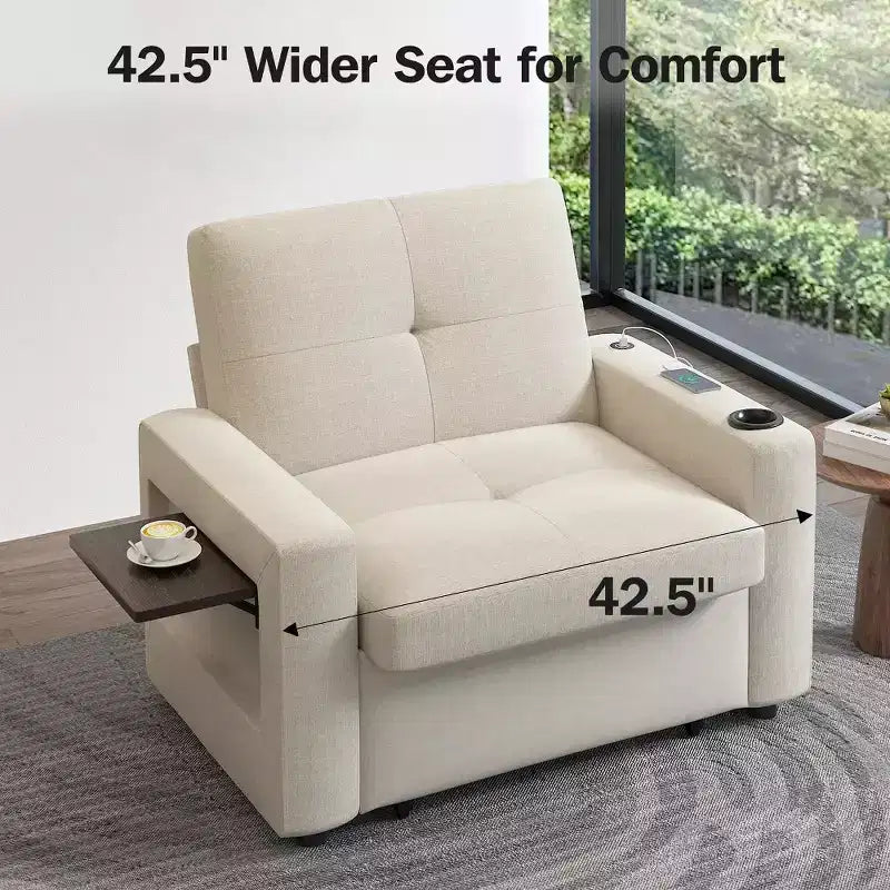Dyonery 42.5 Sleeper Chair Bed with Pull Out Couch Bed, 3-in-1 Convertible Reclining Sofa Chair with Adjustable Backrest/USB Ports & Wing Table
