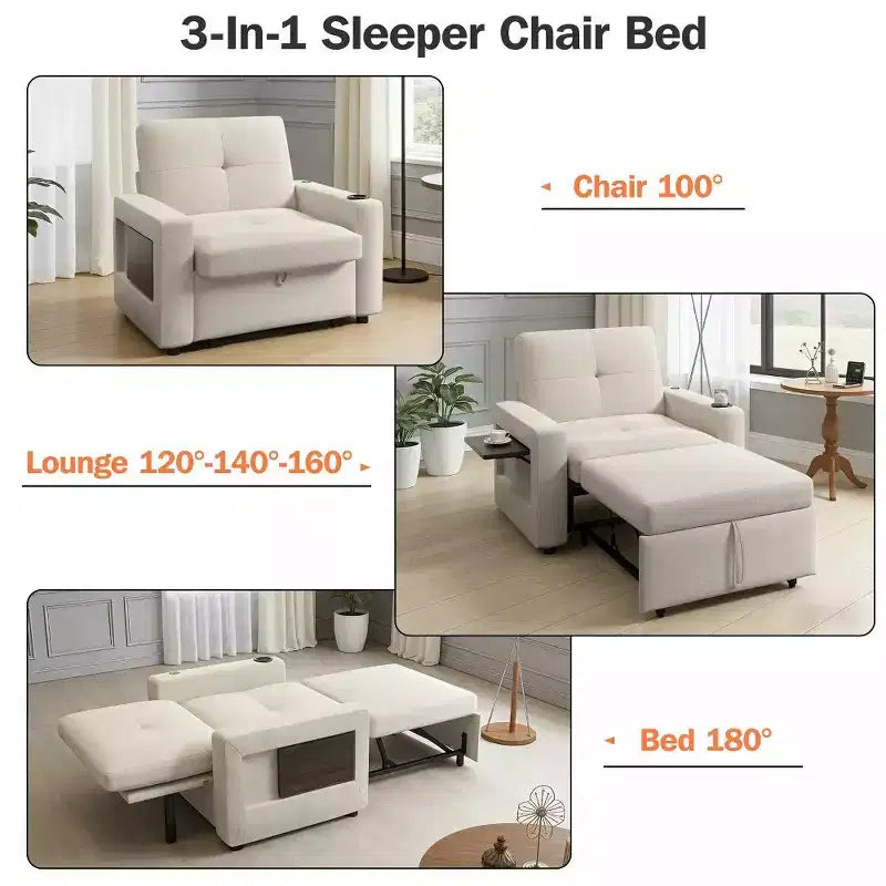 Dyonery 42.5 Sleeper Chair Bed with Pull Out Couch Bed, 3-in-1 Convertible Reclining Sofa Chair with Adjustable Backrest/USB Ports & Wing Table