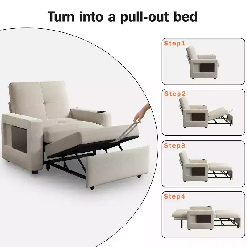 Dyonery 42.5 Sleeper Chair Bed with Pull Out Couch Bed, 3-in-1 Convertible Reclining Sofa Chair with Adjustable Backrest/USB Ports & Wing Table