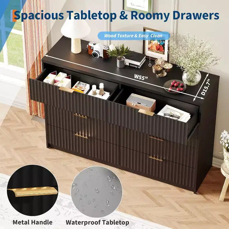 Fluted 8-Drawer Double Dresser, Large Capacity Anti-Tip Chest for Bedroom, Black