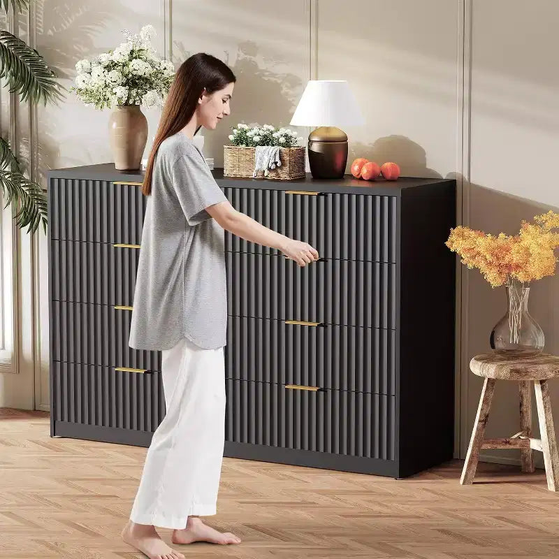 Fluted 8-Drawer Double Dresser, Large Capacity Anti-Tip Chest for Bedroom, Black