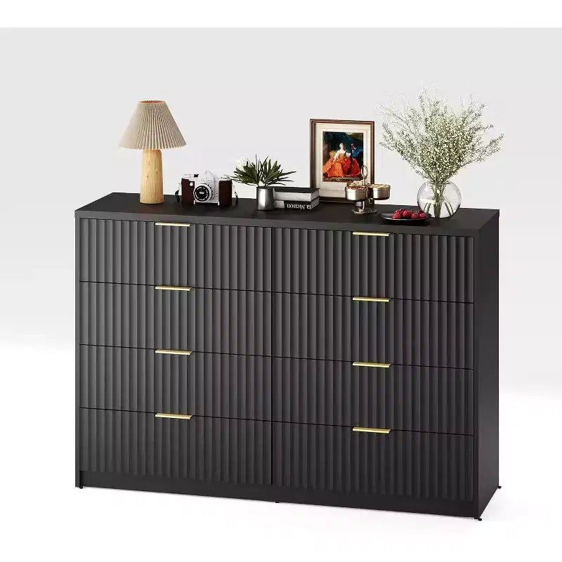 Fluted 8-Drawer Double Dresser, Large Capacity Anti-Tip Chest for Bedroom, Black