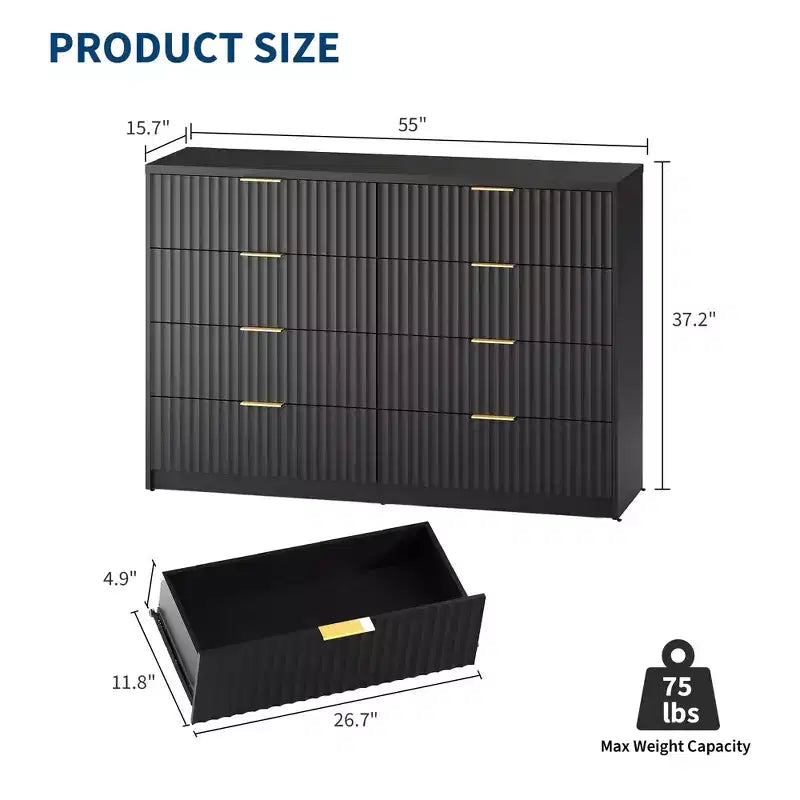 Fluted 8-Drawer Double Dresser, Large Capacity Anti-Tip Chest for Bedroom, Black