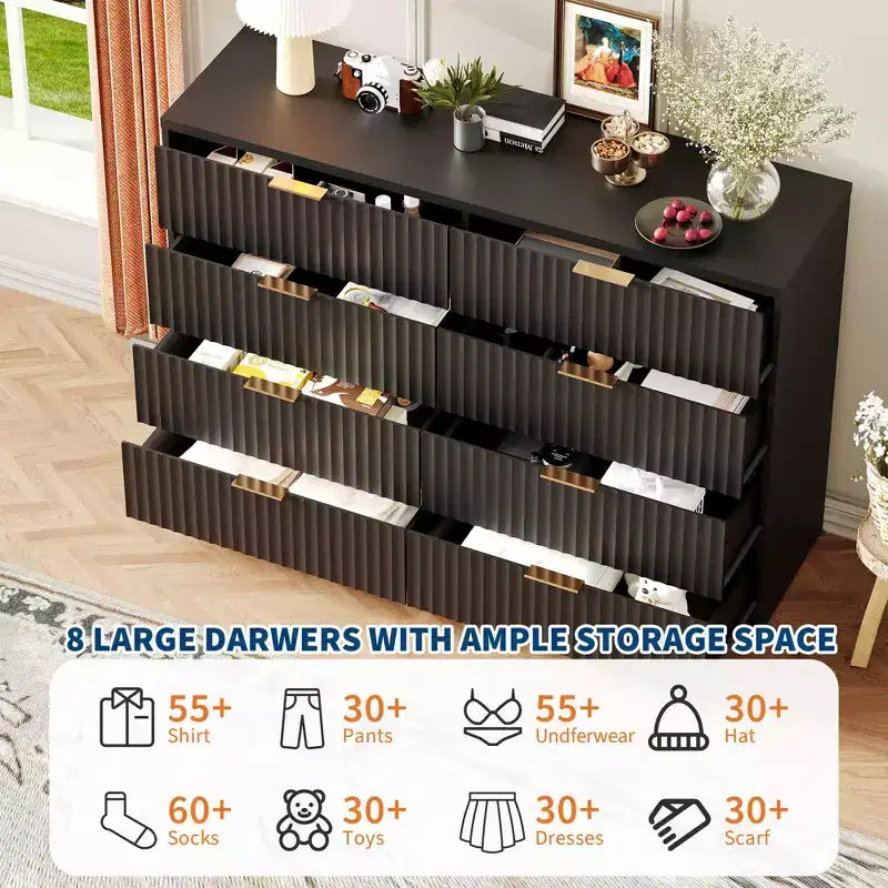 Fluted 8-Drawer Double Dresser, Large Capacity Anti-Tip Chest for Bedroom, Black