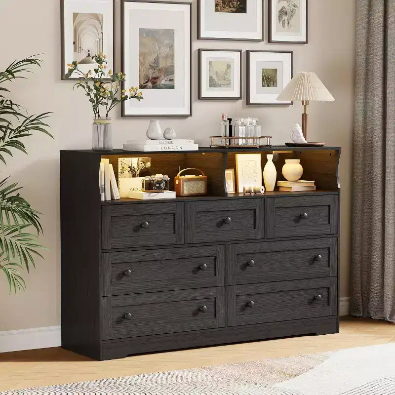 7-Drawer Wooden Dresser, with 2 Open Cubbies & LED Lights for Bedroom & Living Room, Black