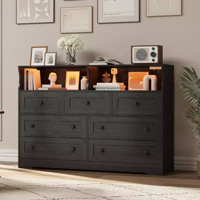7-Drawer Wooden Dresser, with 2 Open Cubbies & LED Lights for Bedroom & Living Room, Black