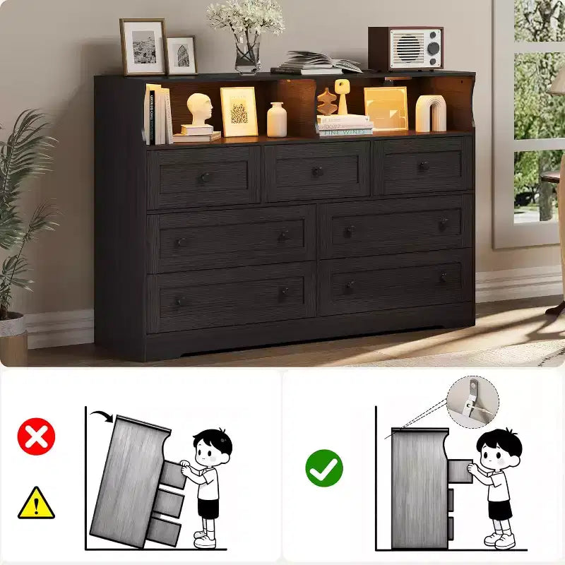 7-Drawer Wooden Dresser, with 2 Open Cubbies & LED Lights for Bedroom & Living Room, Black