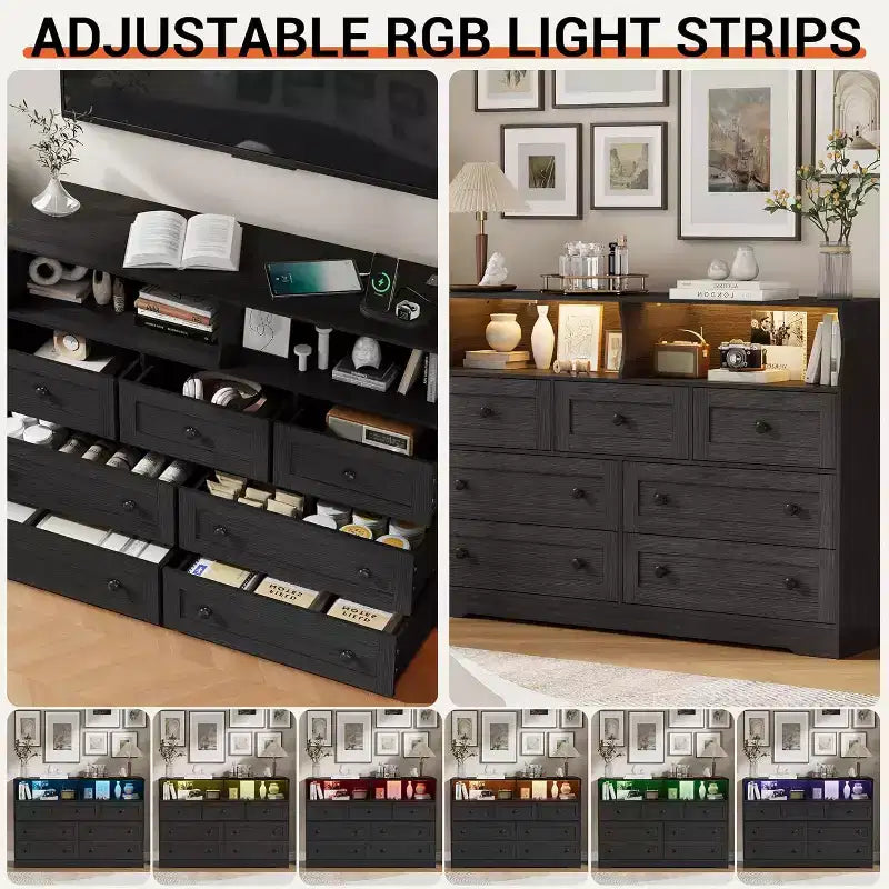7-Drawer Wooden Dresser, with 2 Open Cubbies & LED Lights for Bedroom & Living Room, Black