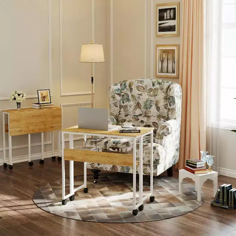 Small Folding Desk with Storage Shelf for Small Spaces, Computer Desk on Rolling Wheels, Collapsible Desk for Home Office, Bedroom