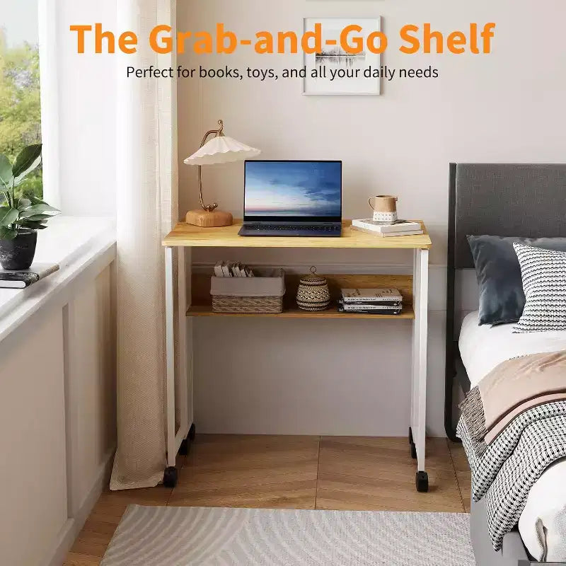 Small Folding Desk with Storage Shelf for Small Spaces, Computer Desk on Rolling Wheels, Collapsible Desk for Home Office, Bedroom