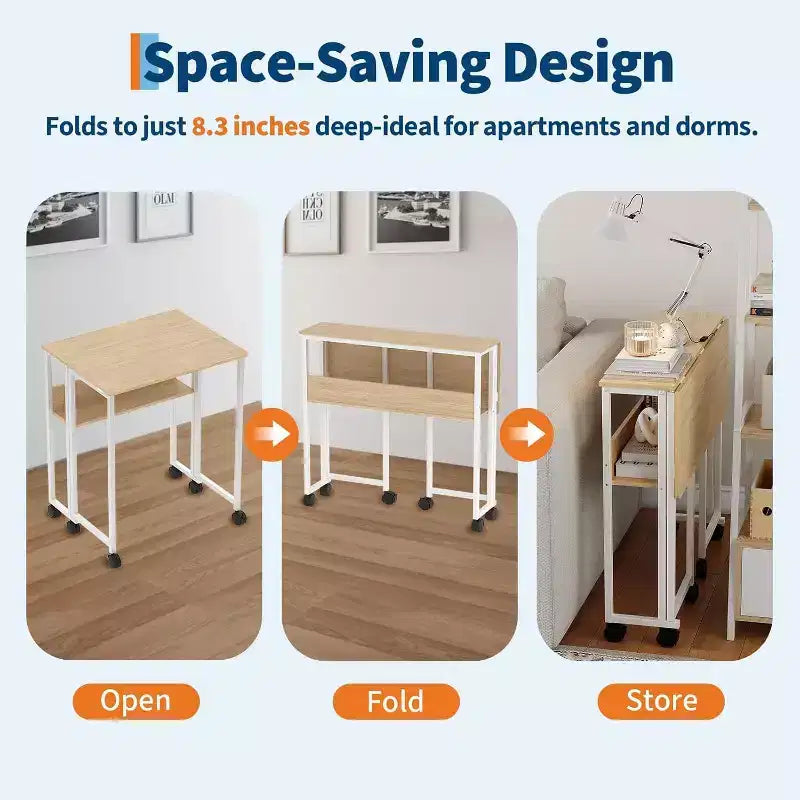 Small Folding Desk with Storage Shelf for Small Spaces, Computer Desk on Rolling Wheels, Collapsible Desk for Home Office, Bedroom