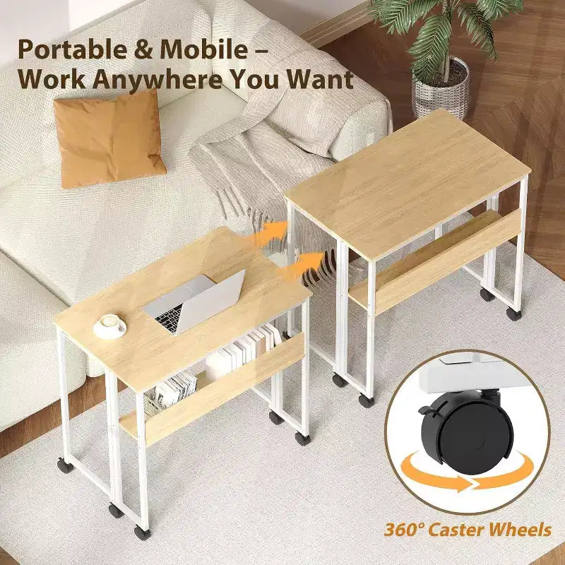 Small Folding Desk with Storage Shelf for Small Spaces, Computer Desk on Rolling Wheels, Collapsible Desk for Home Office, Bedroom