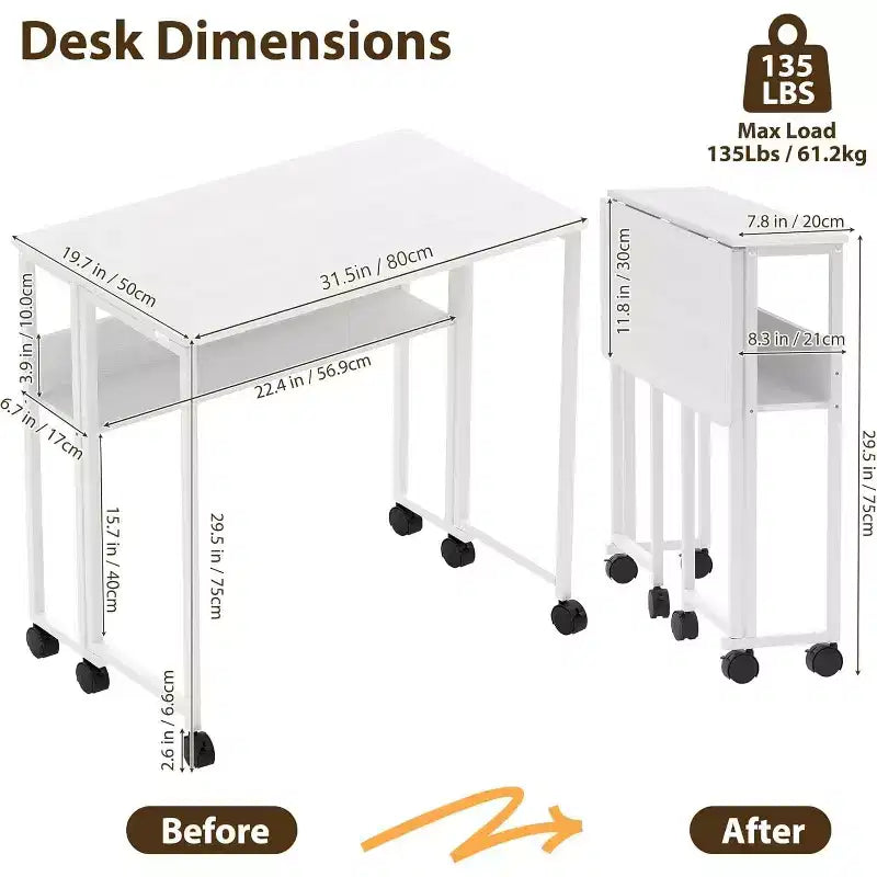 Small Folding Desk with Storage Shelf for Small Spaces, Computer Desk on Rolling Wheels, Collapsible Desk for Home Office, Bedroom