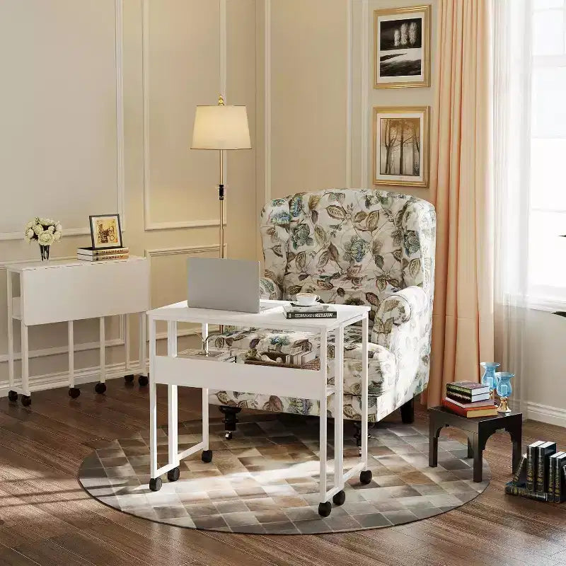 Small Folding Desk with Storage Shelf for Small Spaces, Computer Desk on Rolling Wheels, Collapsible Desk for Home Office, Bedroom