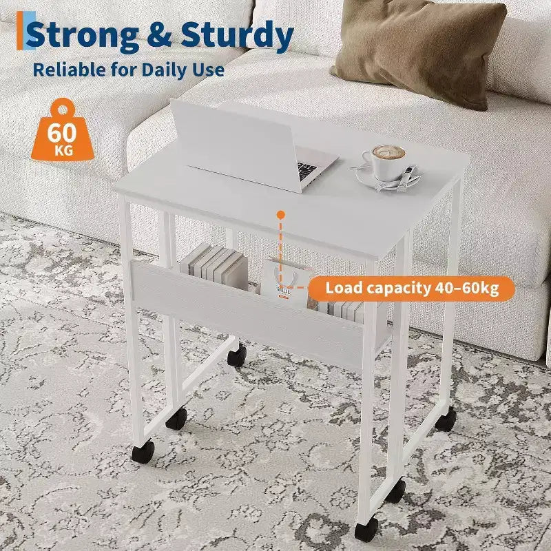 Small Folding Desk with Storage Shelf for Small Spaces, Computer Desk on Rolling Wheels, Collapsible Desk for Home Office, Bedroom