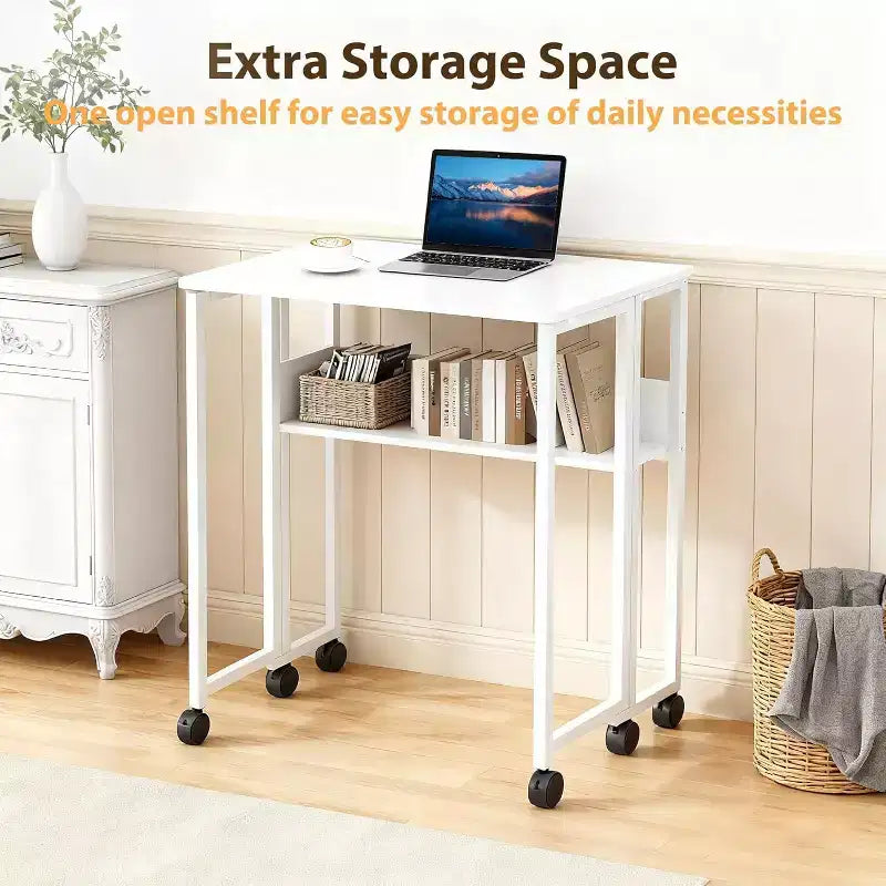 Small Folding Desk with Storage Shelf for Small Spaces, Computer Desk on Rolling Wheels, Collapsible Desk for Home Office, Bedroom
