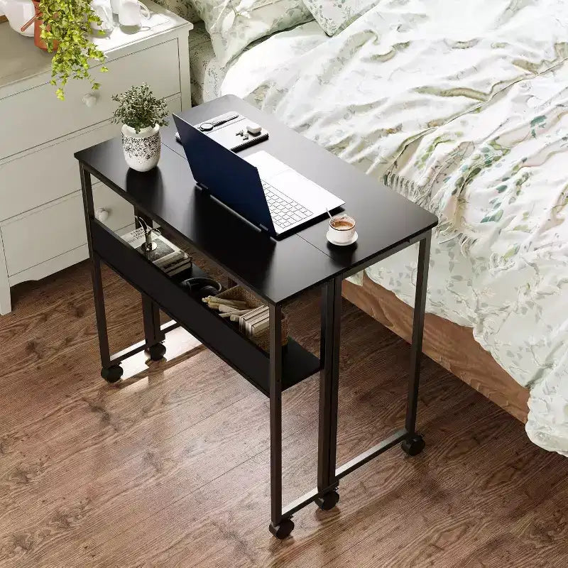 Small Folding Desk with Storage Shelf for Small Spaces, Computer Desk on Rolling Wheels, Collapsible Desk for Home Office, Bedroom
