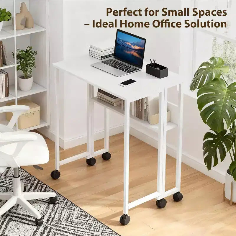 Small Folding Desk with Storage Shelf for Small Spaces, Computer Desk on Rolling Wheels, Collapsible Desk for Home Office, Bedroom