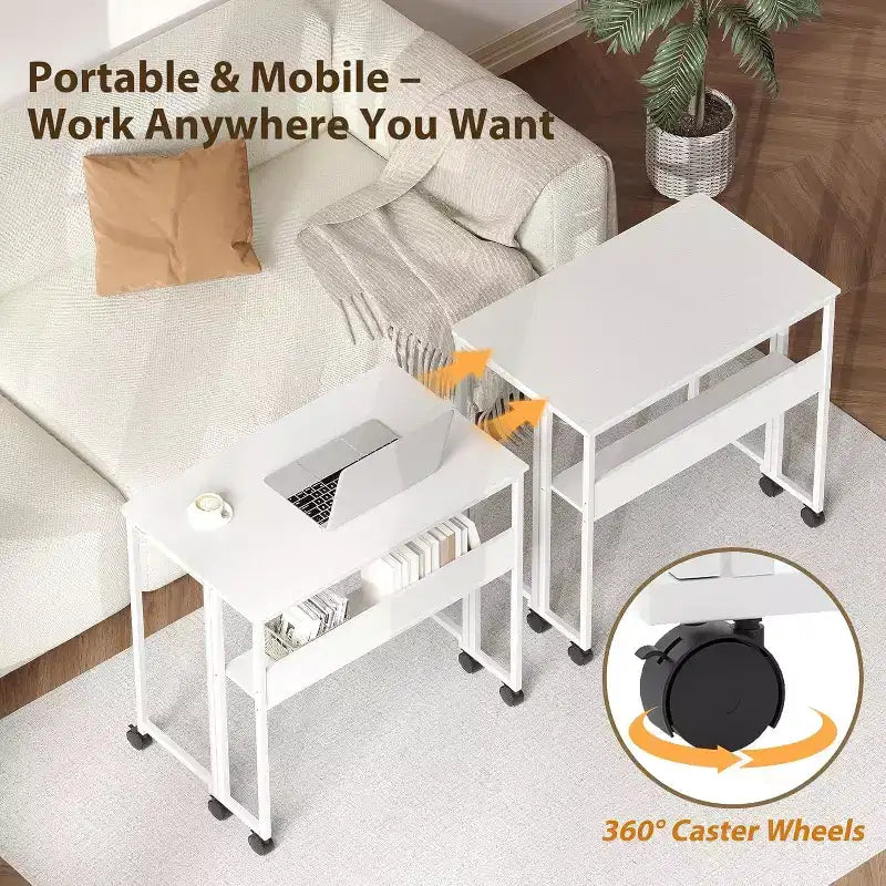 Small Folding Desk with Storage Shelf for Small Spaces, Computer Desk on Rolling Wheels, Collapsible Desk for Home Office, Bedroom