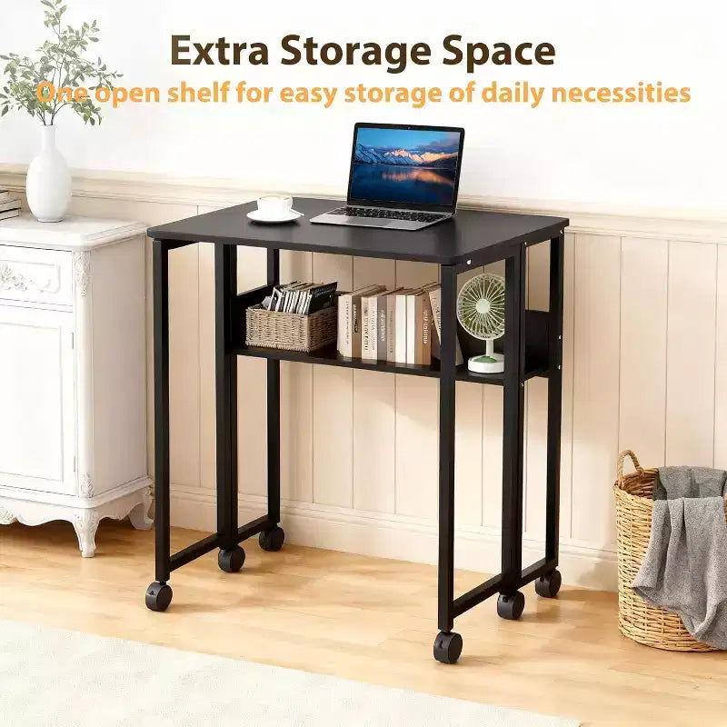 Small Folding Desk with Storage Shelf for Small Spaces, Computer Desk on Rolling Wheels, Collapsible Desk for Home Office, Bedroom