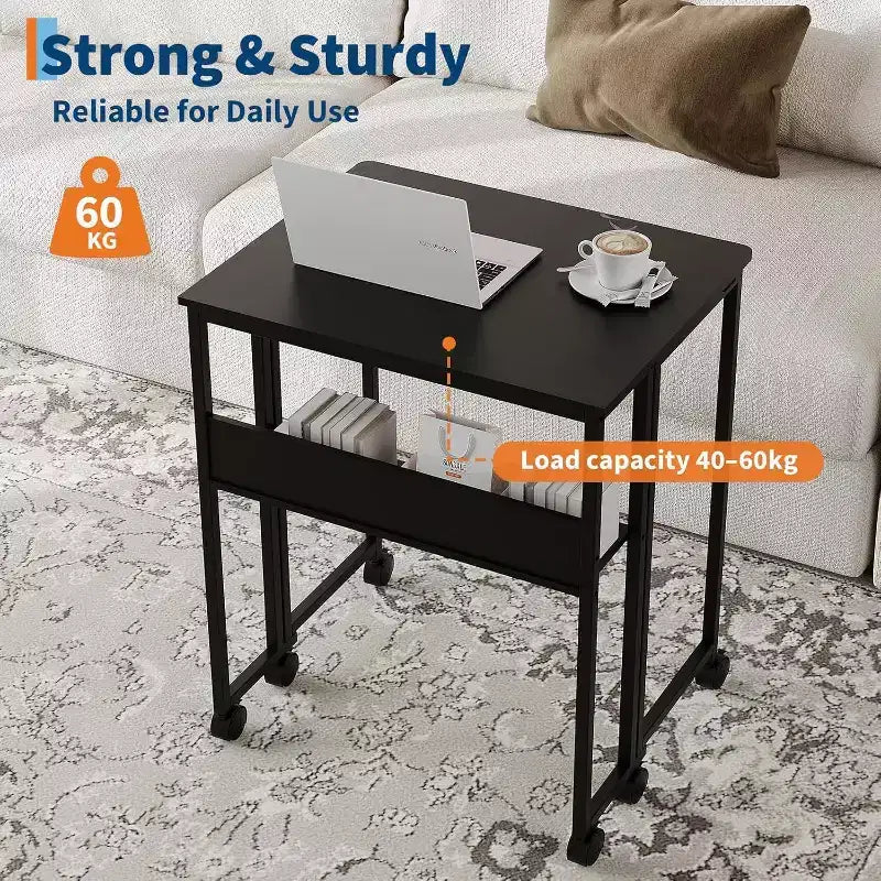 Small Folding Desk with Storage Shelf for Small Spaces, Computer Desk on Rolling Wheels, Collapsible Desk for Home Office, Bedroom