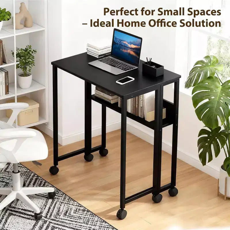Small Folding Desk with Storage Shelf for Small Spaces, Computer Desk on Rolling Wheels, Collapsible Desk for Home Office, Bedroom