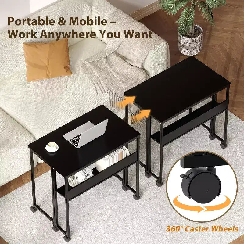 Small Folding Desk with Storage Shelf for Small Spaces, Computer Desk on Rolling Wheels, Collapsible Desk for Home Office, Bedroom