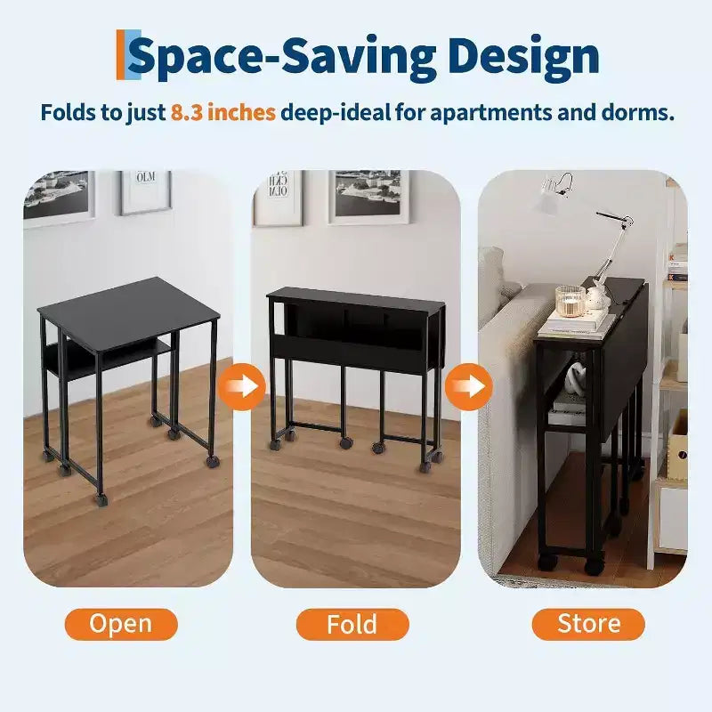 Small Folding Desk with Storage Shelf for Small Spaces, Computer Desk on Rolling Wheels, Collapsible Desk for Home Office, Bedroom