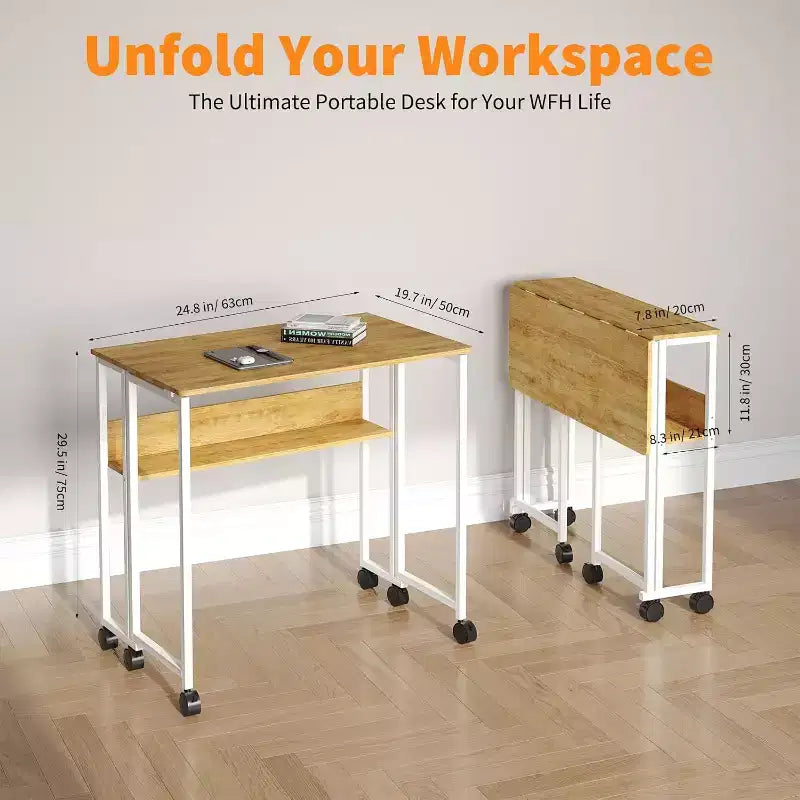 Small Folding Desk with Storage Shelf for Small Spaces, Computer Desk on Rolling Wheels, Collapsible Desk for Home Office, Bedroom