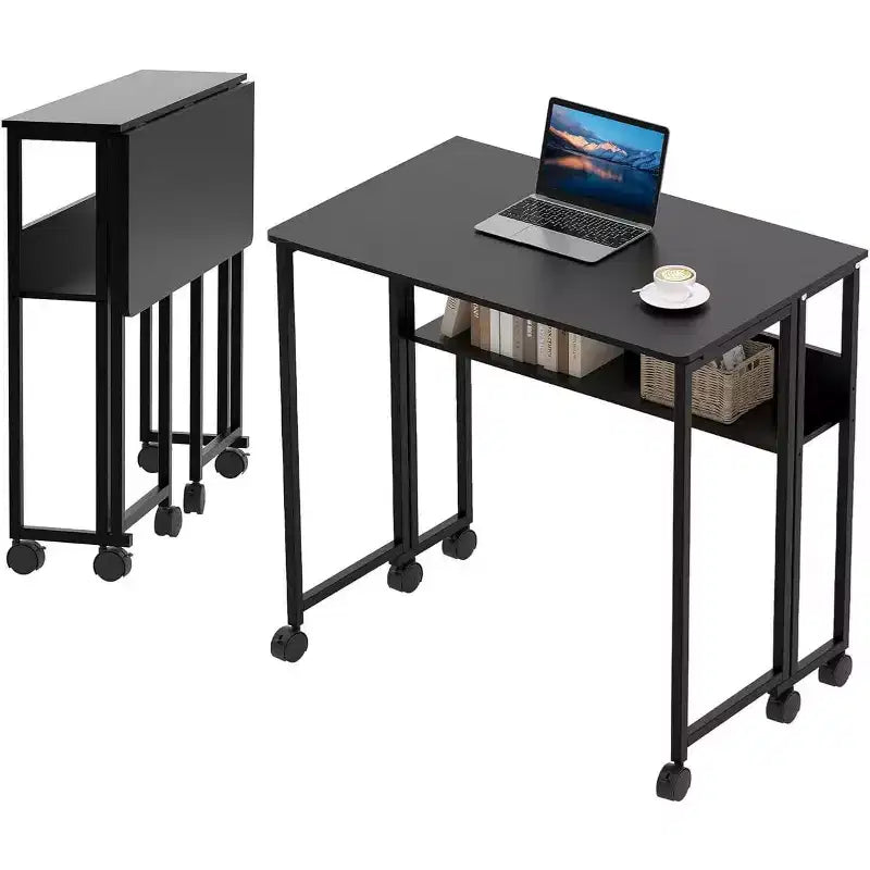 Small Folding Desk with Storage Shelf for Small Spaces, Computer Desk on Rolling Wheels, Collapsible Desk for Home Office, Bedroom