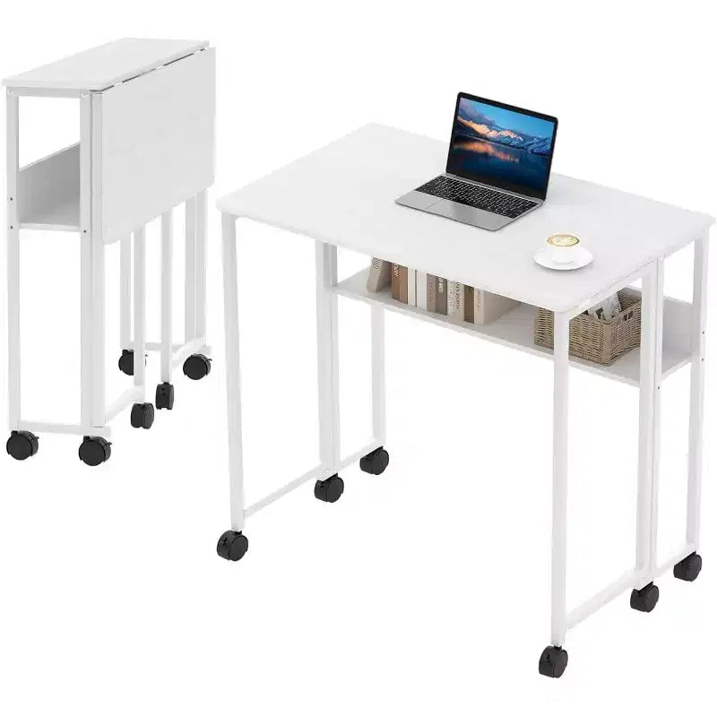 Small Folding Desk with Storage Shelf for Small Spaces, Computer Desk on Rolling Wheels, Collapsible Desk for Home Office, Bedroom