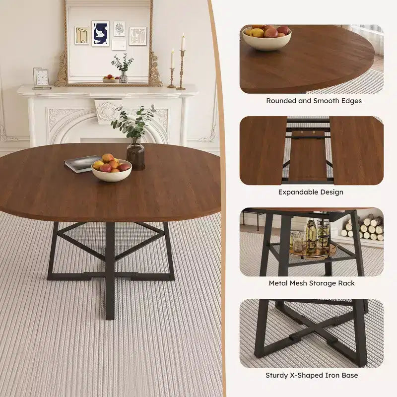 GDFStudio Rakesh Modern Extendable Metal Round Dining Table with Wire Grid Shelf