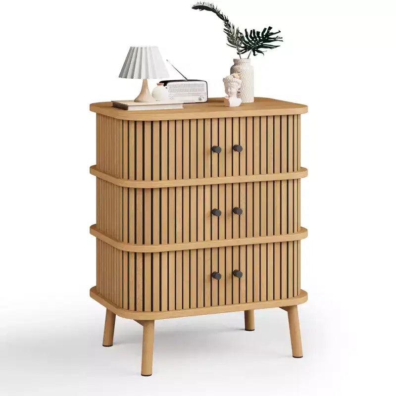 Storage Cabinet, Mid-Century Modern 3-Drawer Dresser with Sliding Door, Natural Wicker & Wooden Legs for Bedroom Living Room