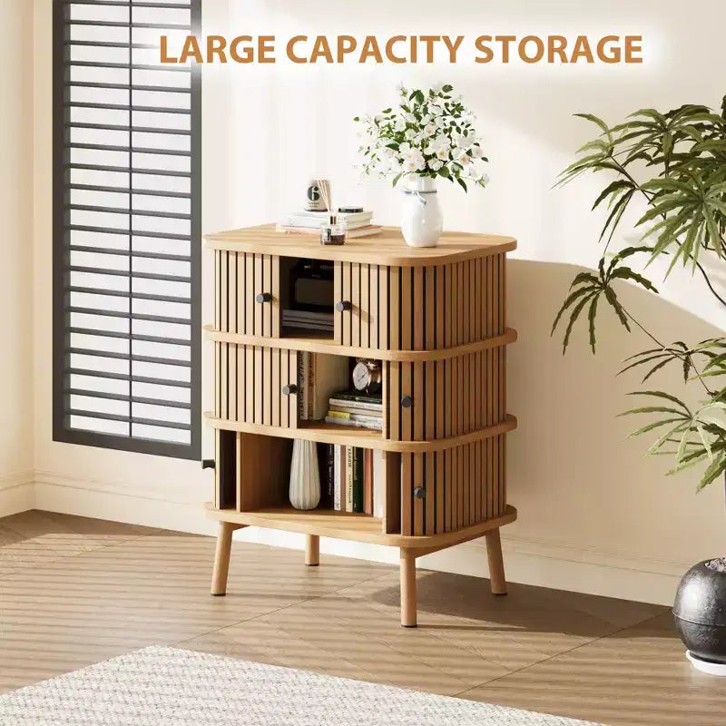 Storage Cabinet, Mid-Century Modern 3-Drawer Dresser with Sliding Door, Natural Wicker & Wooden Legs for Bedroom Living Room