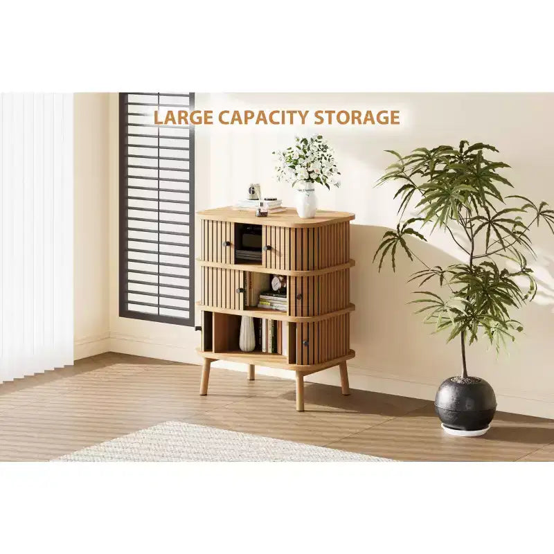 Storage Cabinet, Mid-Century Modern 3-Drawer Dresser with Sliding Door, Natural Wicker & Wooden Legs for Bedroom Living Room