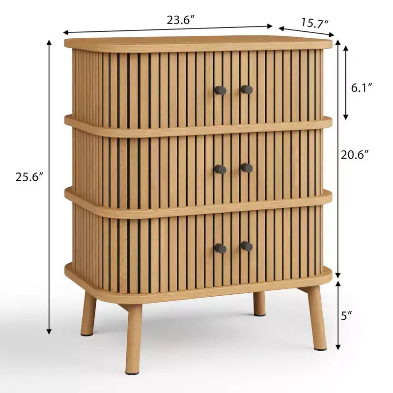 Storage Cabinet, Mid-Century Modern 3-Drawer Dresser with Sliding Door, Natural Wicker & Wooden Legs for Bedroom Living Room