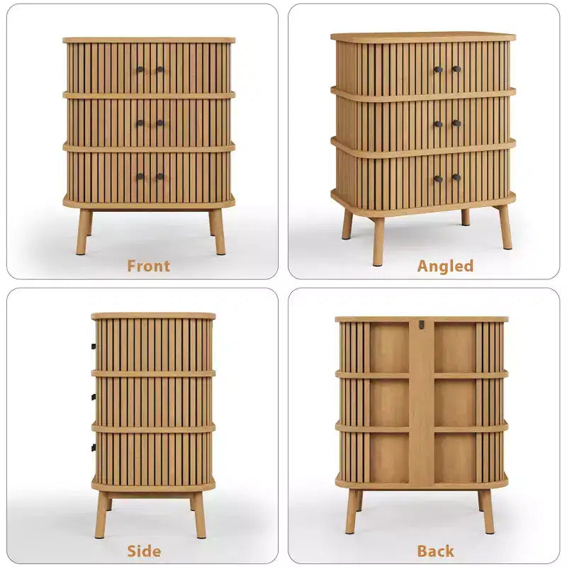 Storage Cabinet, Mid-Century Modern 3-Drawer Dresser with Sliding Door, Natural Wicker & Wooden Legs for Bedroom Living Room