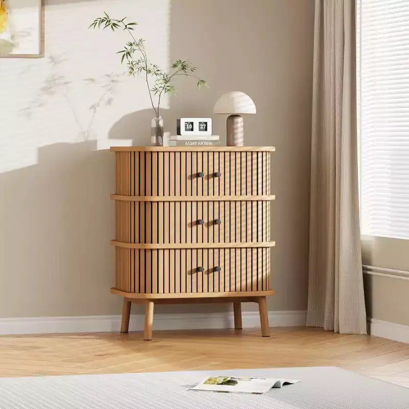 Storage Cabinet, Mid-Century Modern 3-Drawer Dresser with Sliding Door, Natural Wicker & Wooden Legs for Bedroom Living Room