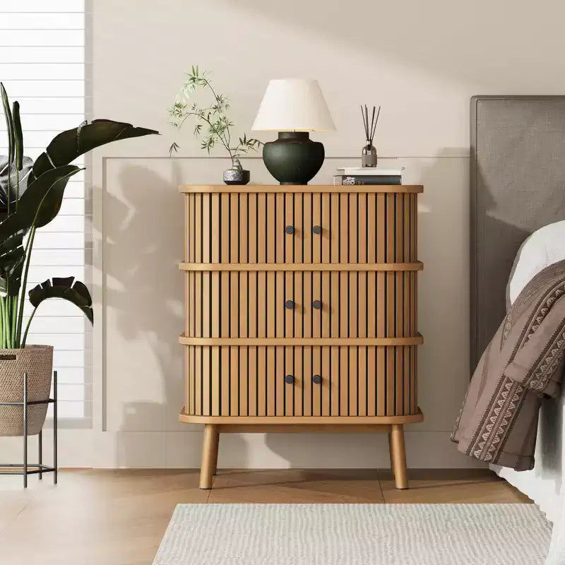 Storage Cabinet, Mid-Century Modern 3-Drawer Dresser with Sliding Door, Natural Wicker & Wooden Legs for Bedroom Living Room