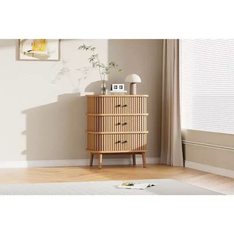 Storage Cabinet, Mid-Century Modern 3-Drawer Dresser with Sliding Door, Natural Wicker & Wooden Legs for Bedroom Living Room