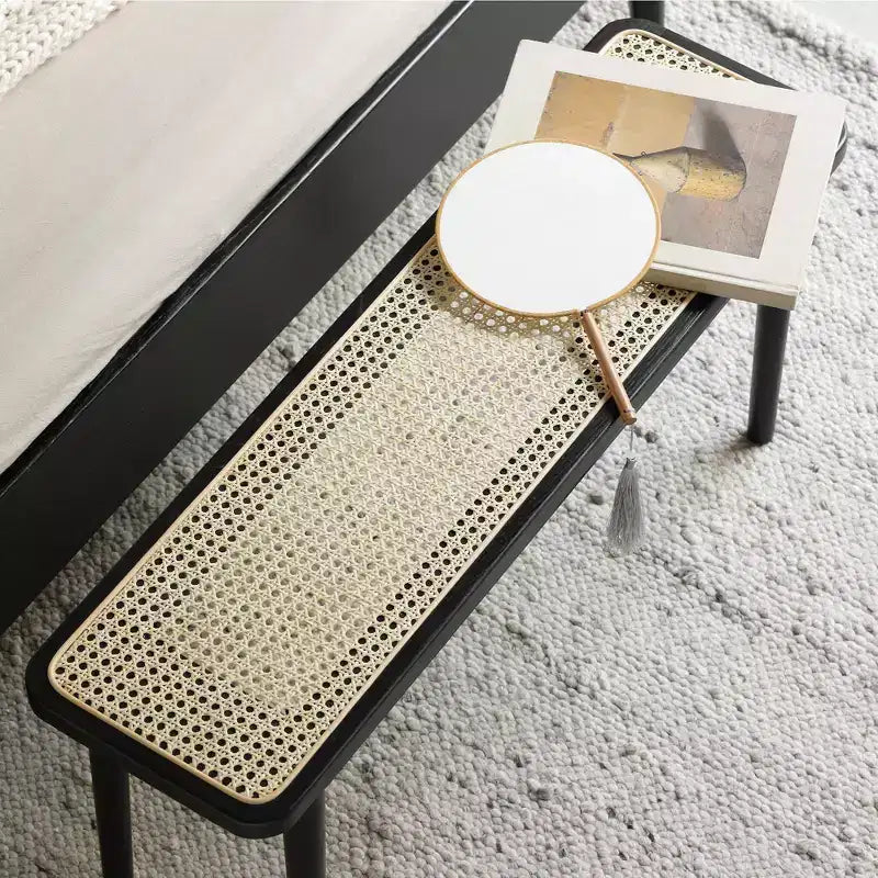 GDFStudio Rohit Farmhouse 47 Oak Wood Dining Bench with Rattan Detail