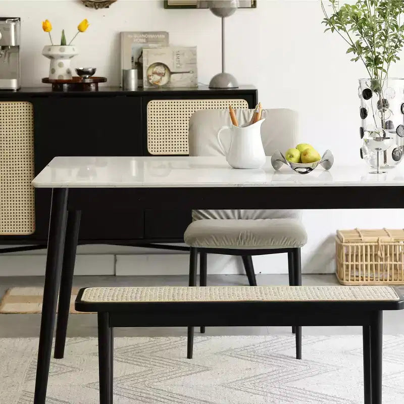 GDFStudio Rohit Farmhouse 47 Oak Wood Dining Bench with Rattan Detail