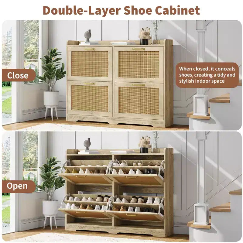 Shoe Cabinet with 4 Flip-Up Drawers,High-Capacity Hidden Storage Organizer, Simple Elegant Freestanding Wooden Shoe Rack for Entryway,Hallway,Foyer