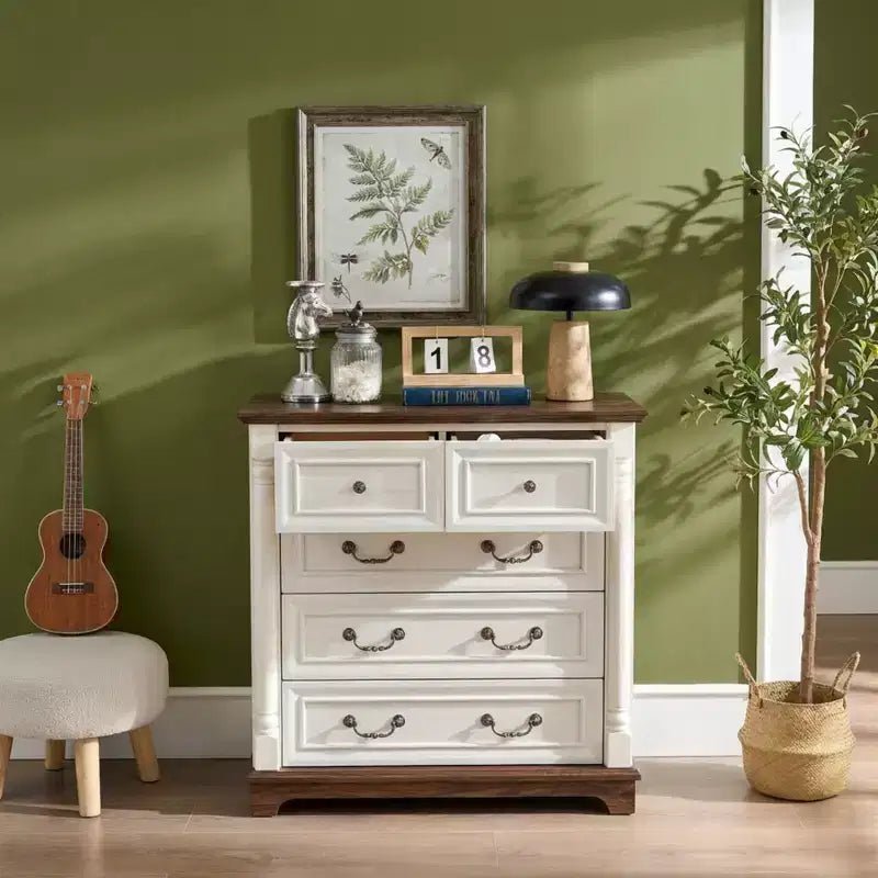 JVNOXK 31-inch Wooden Farmhouse-Style Five-Drawer Chest with Base Bedroom or Living Room Storage Cabinet Stylish, Sturdy, Durable Walnut