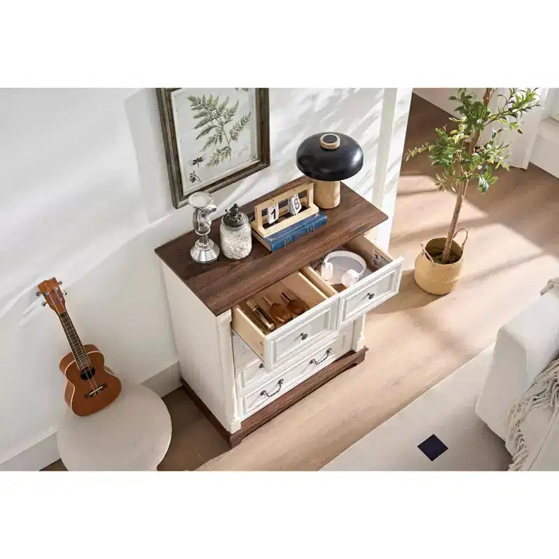 JVNOXK 31-inch Wooden Farmhouse-Style Five-Drawer Chest with Base Bedroom or Living Room Storage Cabinet Stylish, Sturdy, Durable Walnut