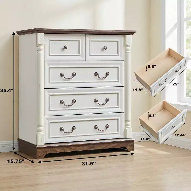 JVNOXK 31-inch Wooden Farmhouse-Style Five-Drawer Chest with Base Bedroom or Living Room Storage Cabinet Stylish, Sturdy, Durable Walnut