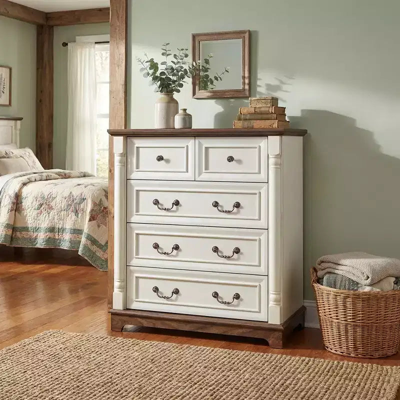 JVNOXK 31-inch Wooden Farmhouse-Style Five-Drawer Chest with Base Bedroom or Living Room Storage Cabinet Stylish, Sturdy, Durable Walnut