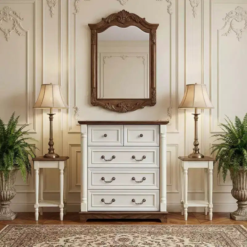 JVNOXK 31-inch Wooden Farmhouse-Style Five-Drawer Chest with Base Bedroom or Living Room Storage Cabinet Stylish, Sturdy, Durable Walnut