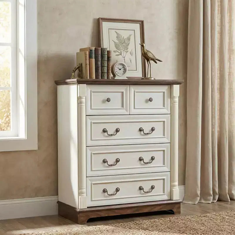 JVNOXK 31-inch Wooden Farmhouse-Style Five-Drawer Chest with Base Bedroom or Living Room Storage Cabinet Stylish, Sturdy, Durable Walnut
